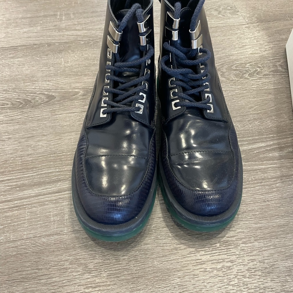 Jimmy Choo Blue and Green Leather Boots with Glossy Finish